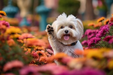 Close-up portrait photography of a cute maltese giving the paw against colorful flower gardens background. With generative AI technology - obrazy, fototapety, plakaty