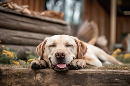 Medium shot portrait photography of a smiling labrador retriever sleeping against horse stables and riding trails background. With generative AI technology