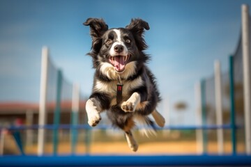 Lifestyle portrait photography of a happy border collie jumping on a trampoline against kite festivals background. With generative AI technology