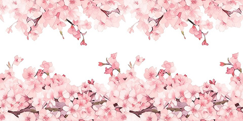 tiled watercolor pink cherry blossom Sakura flower borders with transparent background- repeating edge to edge. generative AI 