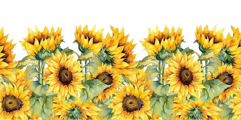 tiled watercolor sunflower borders with transparent background- repeating edge to edge. generative AI 