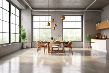 Interior of a dining room with gray walls, a concrete floor, a large window, a glass table, and white chairs. In the distance is a kitchen. place a copy Generative AI
