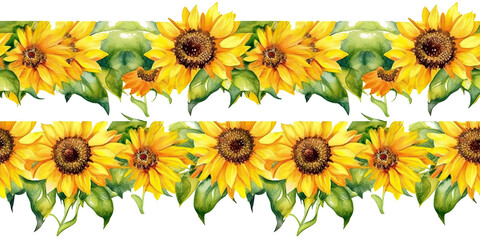 tiled watercolor sunflower  borders with transparent background- repeating edge to edge. generative AI 