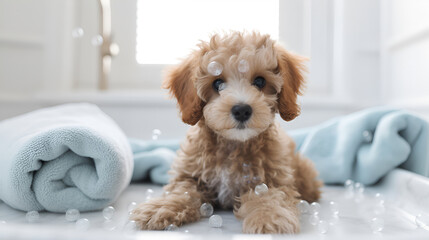 Portrait cute Maltipoo in bathtub with foam and soap bubbles. pets grooming and cleaning concept. Generative AI