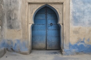 Fototapeta na wymiar vintage blue door in an old building with peeling paint. Generative AI