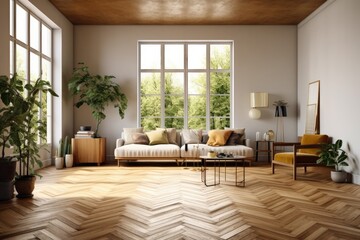 Fototapeta na wymiar Scandi-Boho interior of a modern, unoccupied home with parquet floors. Generative AI