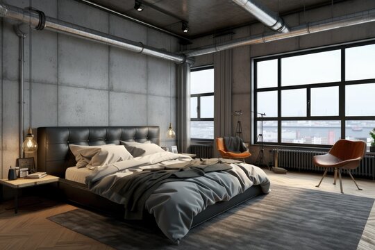 Fototapeta bedroom interior in a loft apartment. minimalist d�cor in an industrial and Scandinavian design. Grey pillows on a double bed. Generative AI