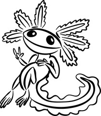 Vector drawing of happy peaceful Axolotl. Hand drawn, black and white, contour, silhouette, sketch, flat, doodle, cartoon style. Cute, silly, nice, beautiful,animal,amphibia,water,tail,eyes,character.