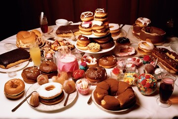 table filled with an assortment of colorful donuts and pastries. Generative AI