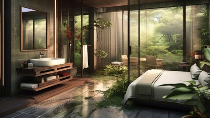 interior scene and mockup, hotel bedroom, bathroom, and outdoor terrace. Generative AI