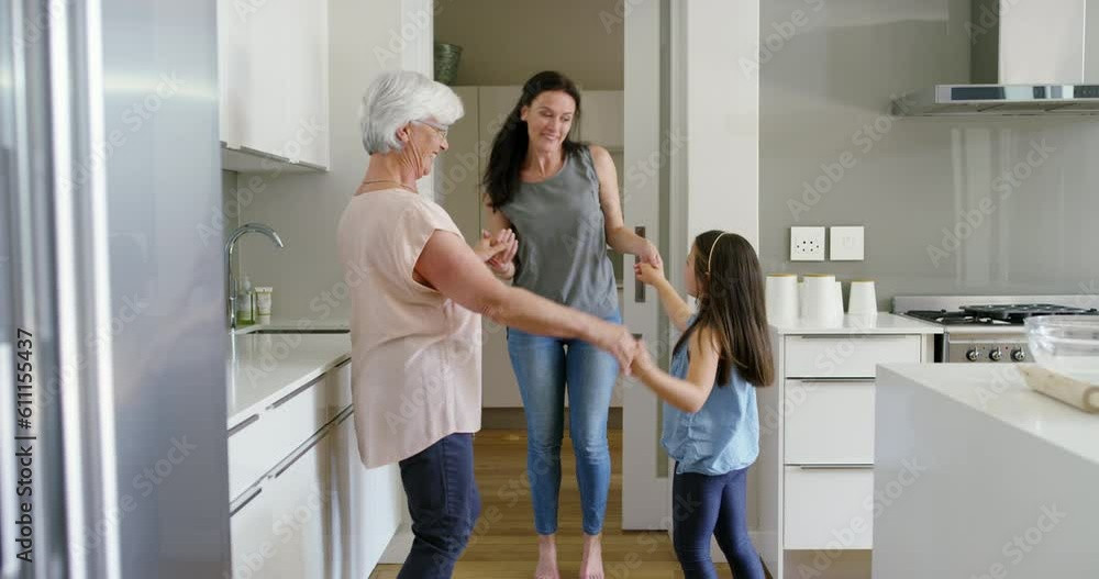 Canvas Prints Mother, grandmother and girl dancing in kitchen with happiness, music and fun in cooking or baking. Dance, smile and happy family in apartment, generations of women play and celebrate love together.