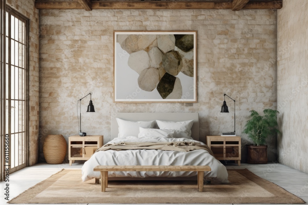 Aufkleber mock-up poster frame with a background of a rustic bedroom, generative ai