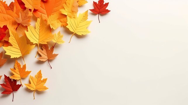 Autumn leaves on white background. Seasonal banner with paper cut leaves and copy space Generative AI