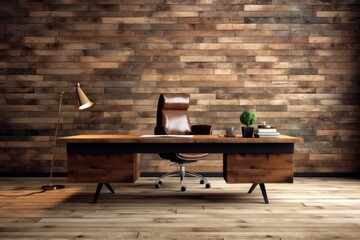 Workspace with brown wood office desk and a light interior. Generative AI