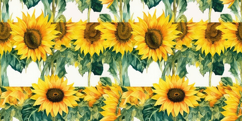 watercolor tiled background border with beautiful summer sunflowers - Generative AI 