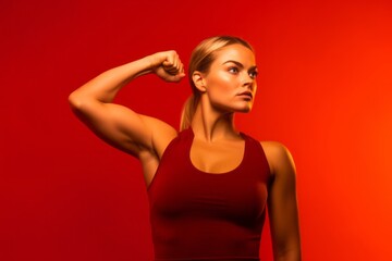Fototapeta premium Conceptual portrait photography of a glad girl in her 30s making a i'm strong gesture showing muscles against a fiery red background. With generative AI technology