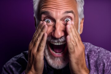 Close-up portrait photography of a satisfied mature man making a surprise gesture by covering one's mouth against a vibrant purple background. With generative AI technology