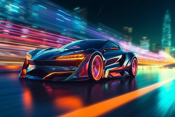 Futuristic Sports Car On Neon Highway Generative AI