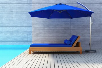 Relaxing Poolside Scene with Blue Lounge Chair and Umbrell. Generative AI