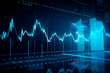 graph design, statistical diagram neon blue lighting with financial indicators of stock market and investment. AI generated