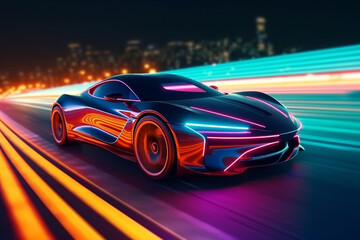 Obraz na płótnie Canvas Futuristic Sports Car On Neon Highway