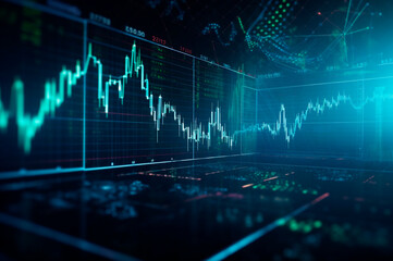 graph design, statistical diagram neon blue lighting with financial indicators of stock market and investment. AI generated