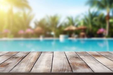 Fototapeta na wymiar Empty wooden deck with swimming pool