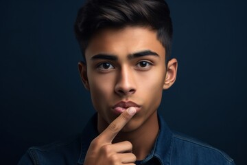 Close-up portrait photography of a happy boy in his 20s making a shhh gesture with a finger on the lips against a deep indigo background. With generative AI technology