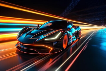 Obraz na płótnie Canvas Futuristic Sports Car On Neon Highway Generative AI
