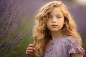 Photography in the style of pensive portraiture of a happy kid female pointing down against a soft lavender background. With generative AI technology