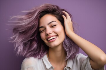 Close-up portrait photography of a grinning girl in her 20s scratching one's head in a gesture of confusion against a soft lavender background. With generative AI technology