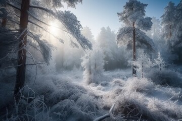 sunlight shining through snow-covered trees in a winter forest. Generative AI