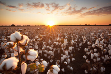 cotton field on sunset photo - obrazy, fototapety, plakaty