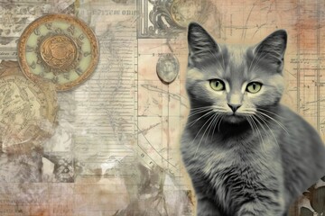 Fototapeta premium Romantic card with image of a vintage cat and tree. pastel colors. vintage art and art nouveau. Furniture style greeting card.. Generative AI