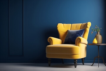 Stylish bright yellow armchair against a dark blue wall. Classic fashionable interior background, copy space. Generative AI
