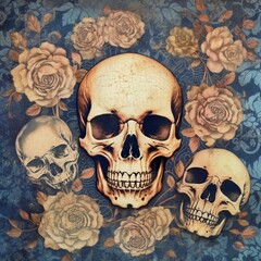 Vintage card with image of a vintage skull and decorative flower. pastel colors. vintage art and art nouveau. Furniture style greeting card. Generative AI