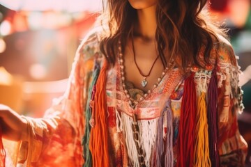 Obraz premium A close-up shot of a stylish individual wearing vintage hippie fashion, featuring flowing fabrics, fringe, and vibrant colors. Generative AI