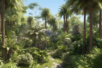 Fototapeta na wymiar lush tropical forest with towering palm trees. Generative AI