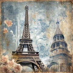 Vintage card with image of a eiffel tower and Paris street. pastel colors. vintage art and art nouveau. Furniture style greeting card. Generative AI