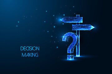 Decision making, problem solving futuristic concept with direction signpost and question mark 