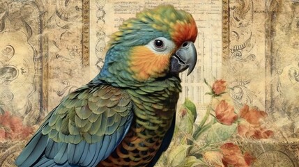 Obraz premium Romantic card with image of a vintage colorful parrot and tree. pastel colors. vintage art and art nouveau. Furniture style greeting card. Generative AI