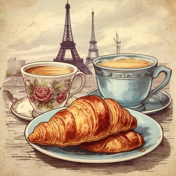 Vintage Journaling Cards. Romantic card with image of a vintagecroissant, tea or coffee themed. Furniture style greeting card. Generative AI