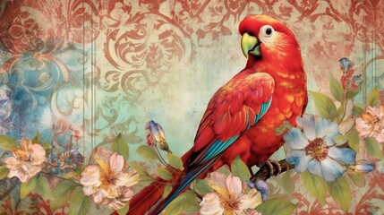 Romantic card with image of a vintage colorful parrot and tree. pastel colors. vintage art and art nouveau. Furniture style greeting card. Generative AI