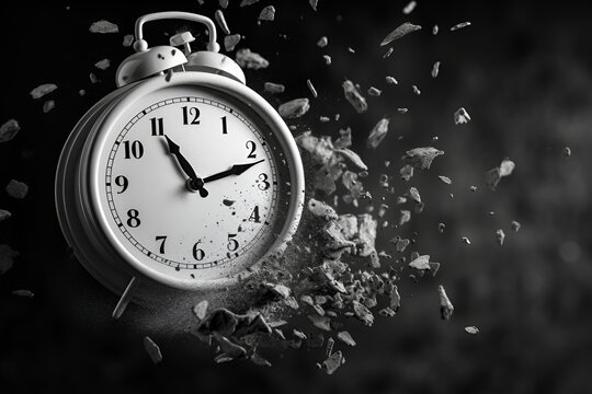 The concept of the destruction of old or passing time, the clock is destroyed and turned into dust. Generative AI