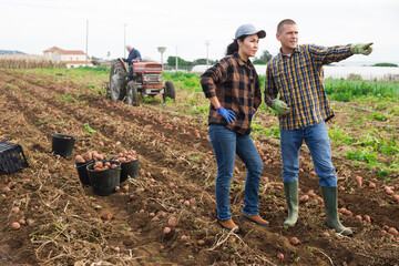 European man and Asian woman farmers standing on potato field. Man pointing with finger.