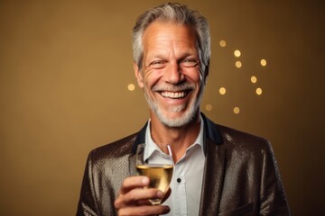 Headshot portrait photography of a grinning mature man joining palms in a gesture of gratitude against a champagne gold background. With generative AI technology