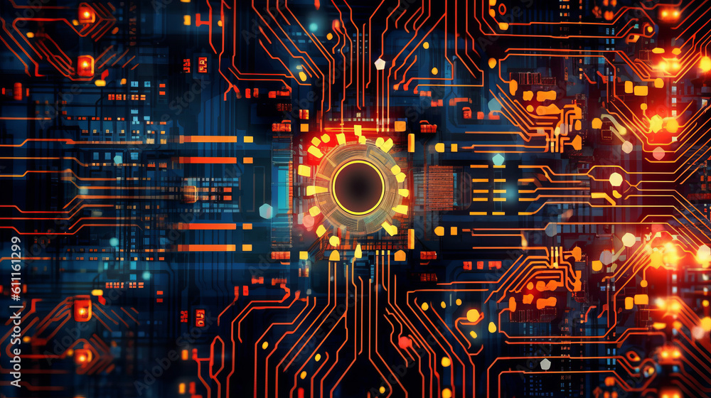 Poster a detailed view of computer circuit board components. generative ai
