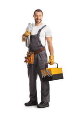 Electrician holding cables and a tool box
