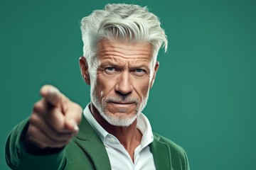 Headshot portrait photography of a tender mature man pointing at oneself against a mint green background. With generative AI technology