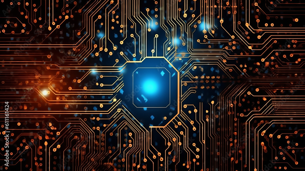 Poster a computer circuit board with a blue button. generative ai